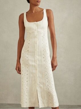 REISS Clarice Petite White Linen Eyelet Button-Front Midi Dress Size 6P Coastal